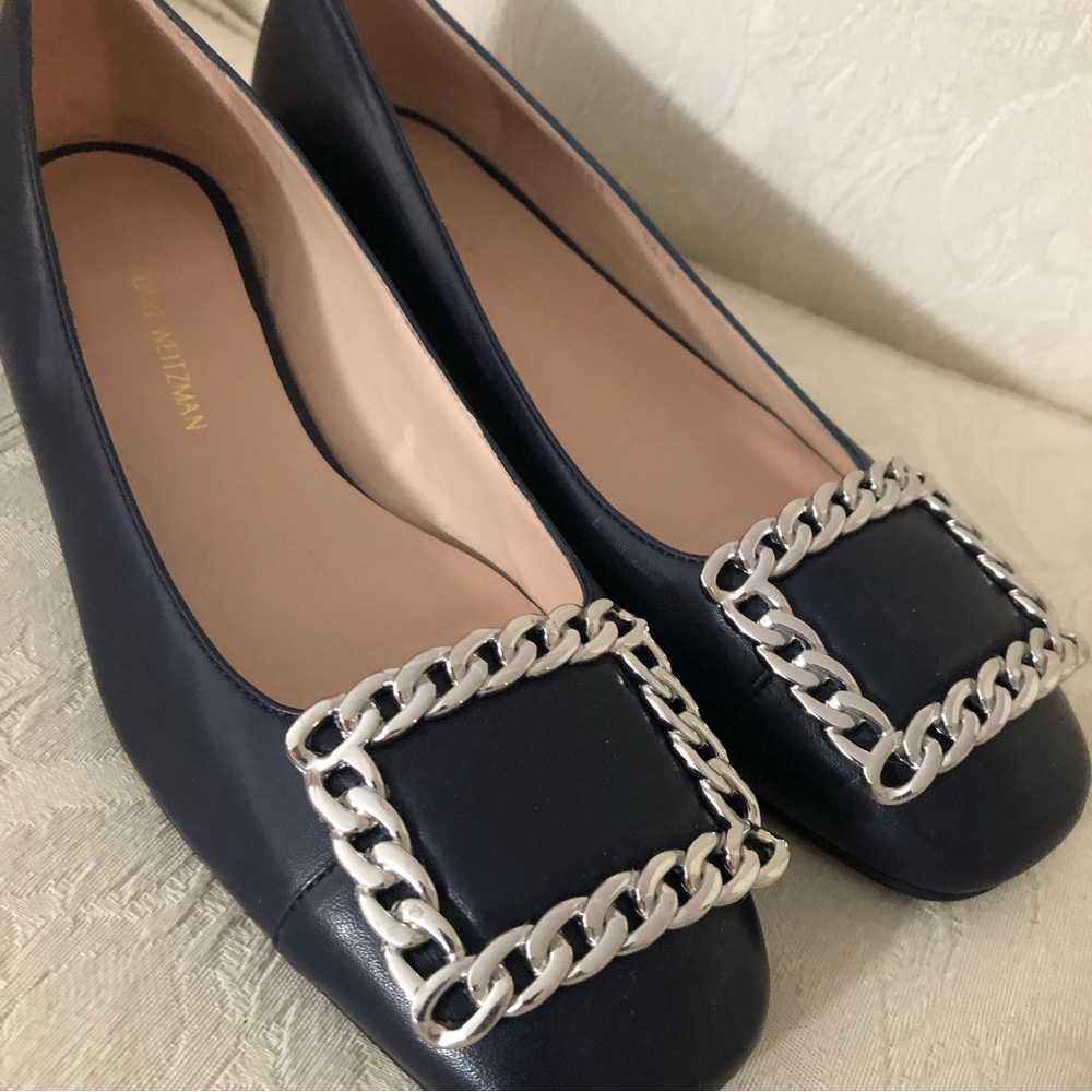 Stuart Weitzman Black Leather Chain-Embellished Flats - Picture 2 of 7